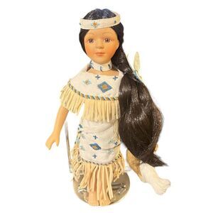 Vintage Native American Porcelain Doll Traditional Dress Fringe and Beads 16 inc
